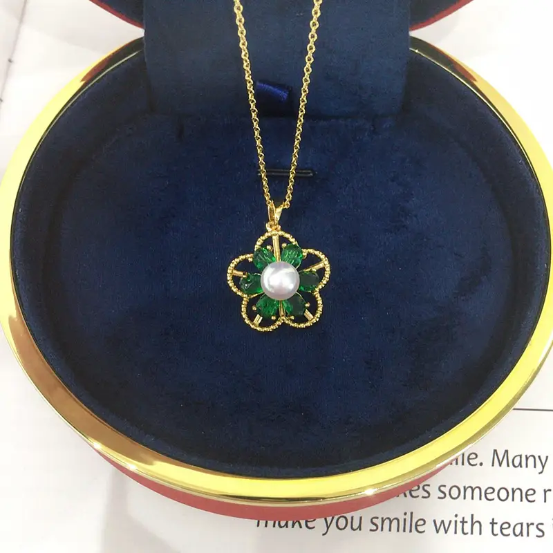 Natural Pearl Necklace with Green Zircon Flower Design — feature 13