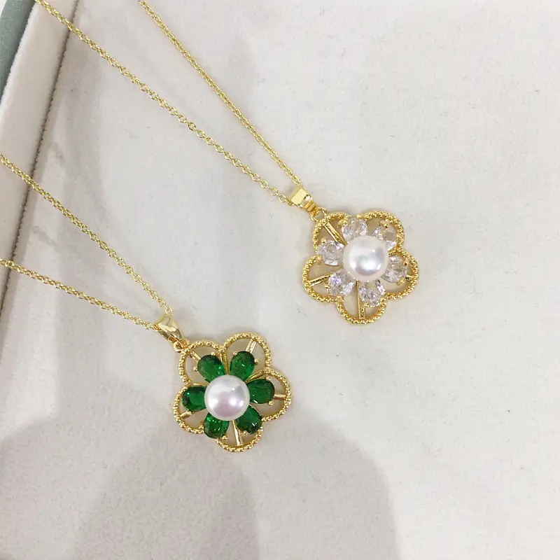 Natural Pearl Necklace with Green Zircon Flower Design — feature 2