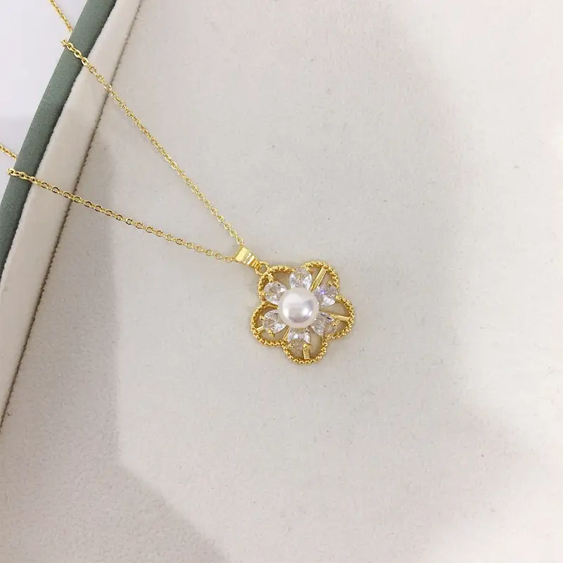 Natural Pearl Necklace with Green Zircon Flower Design — feature 4