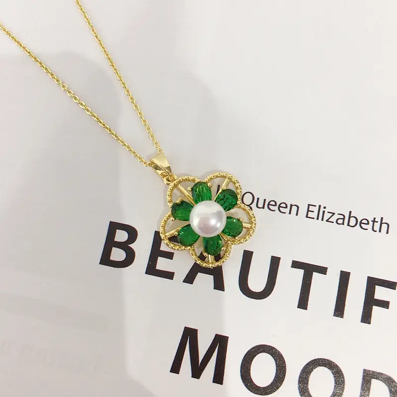 Natural Pearl Necklace with Green Zircon Flower Design — feature 5