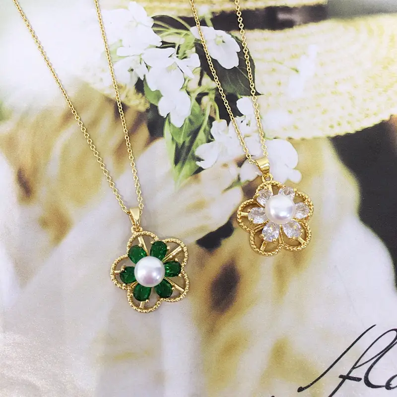 Natural Pearl Necklace with Green Zircon Flower Design — feature 7