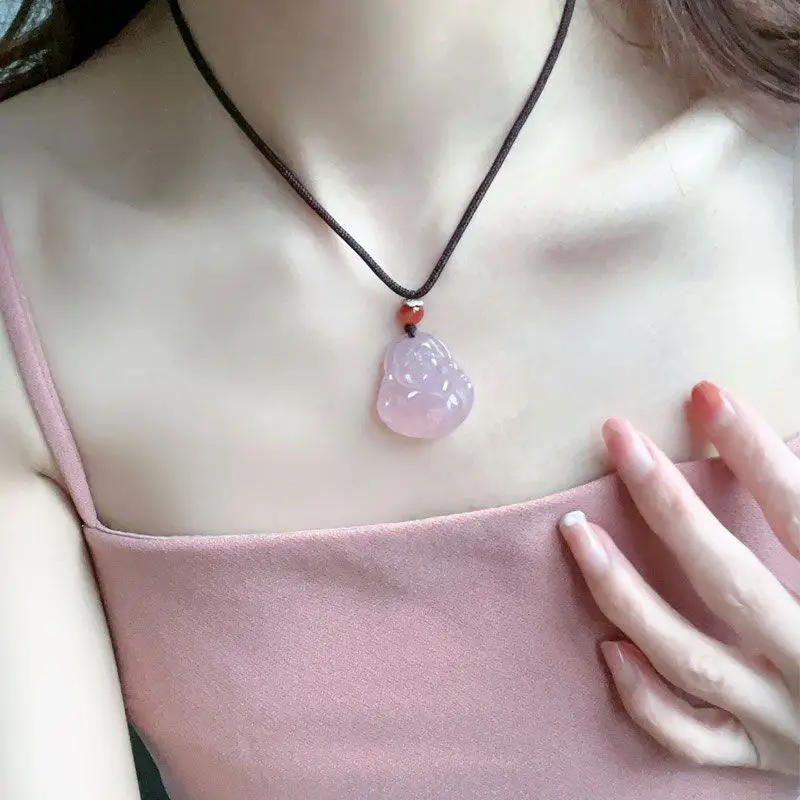 High Ice Transparent Pink Agate Buddha Pendant Necklace