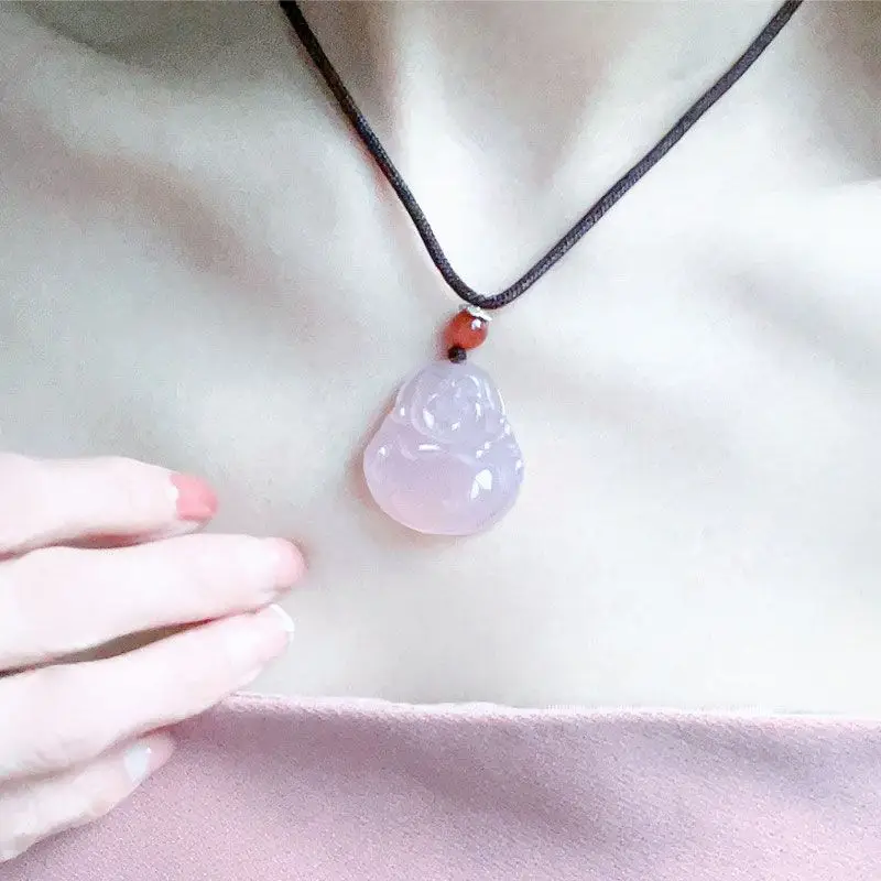 High Ice Transparent Pink Agate Buddha Pendant Necklace