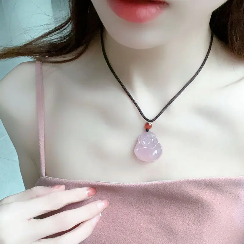 High Ice Transparent Pink Agate Buddha Pendant Necklace — feature 2