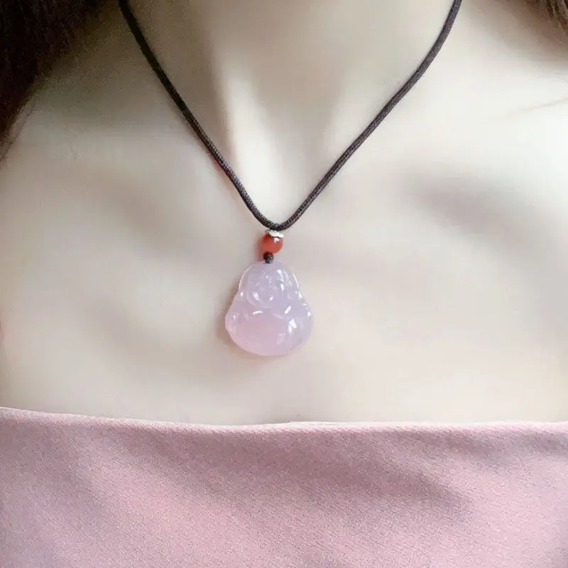 High Ice Transparent Pink Agate Buddha Pendant Necklace — feature 4