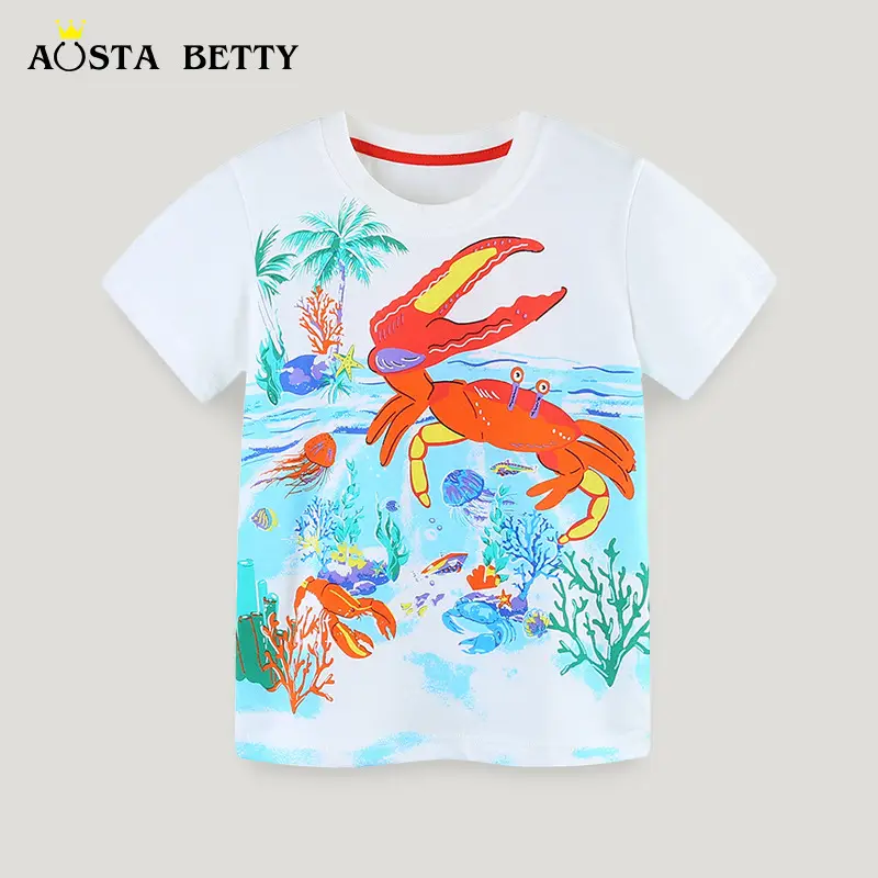 Kids Cartoon Printed Cotton T-Shirt White Red Crabs