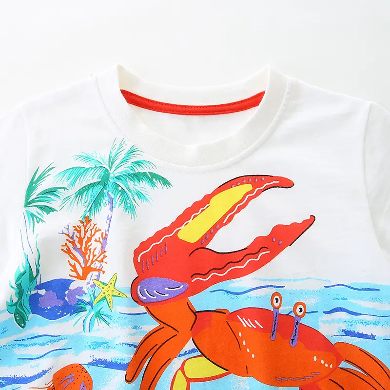 Kids Cartoon Printed Cotton T-Shirt White Red Crabs
