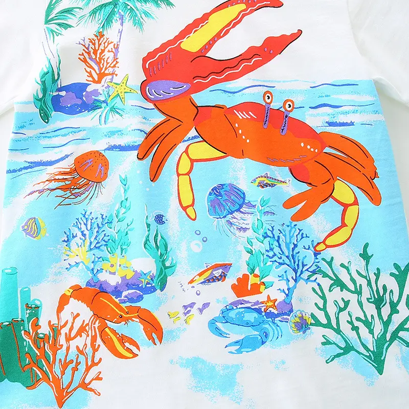 Kids Cartoon Printed Cotton T-Shirt White Red Crabs
