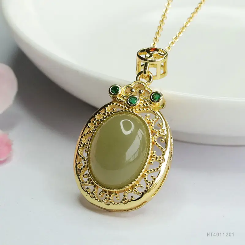 Guan Yu Jade Pendant Necklace Clear Water Jade Vintage Gold - Image 4