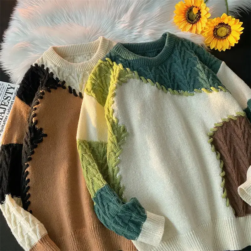 Men's Women's Stitching Contrast Sweater Winter Furry Lazy Knit - Image 4