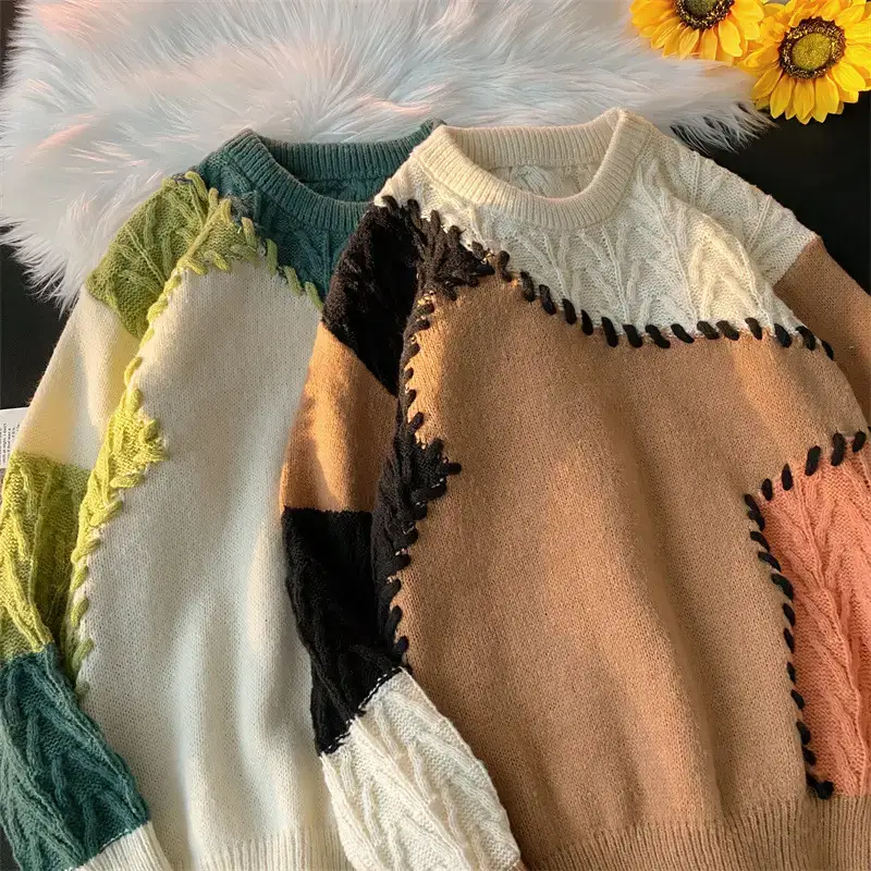 Men's Women's Stitching Contrast Sweater Winter Furry Lazy Knit - Image 6