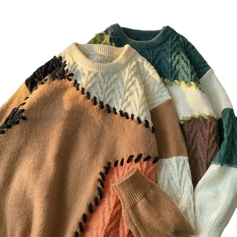 Men's Women's Stitching Contrast Sweater Winter Furry Lazy Knit - Image 7