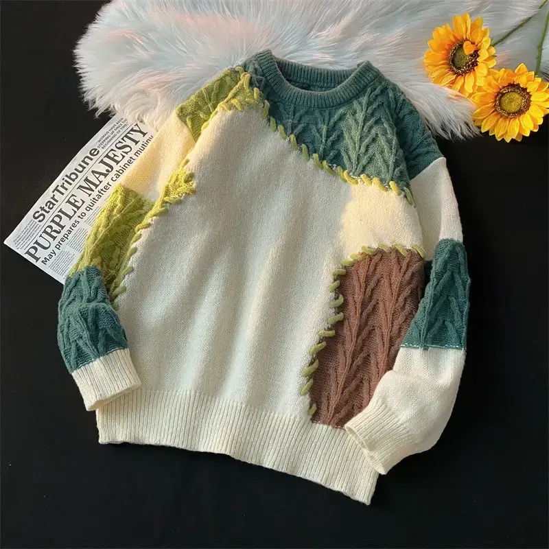 Men's Women's Stitching Contrast Sweater Winter Furry Lazy Knit — feature 12