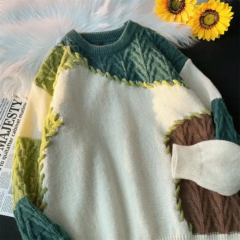 Men's Women's Stitching Contrast Sweater Winter Furry Lazy Knit — feature 13