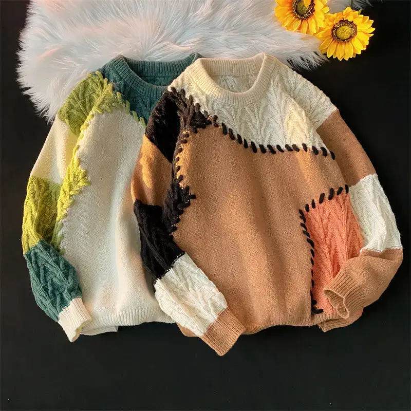Men's Women's Stitching Contrast Sweater Winter Furry Lazy Knit — feature 14