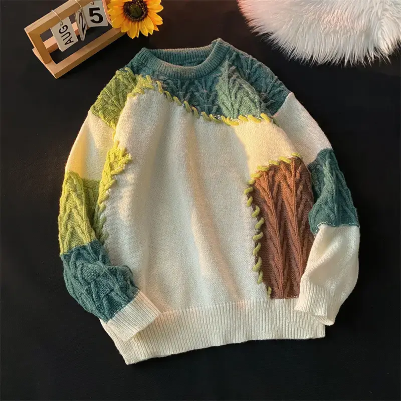 Men's Women's Stitching Contrast Sweater Winter Furry Lazy Knit — feature 17