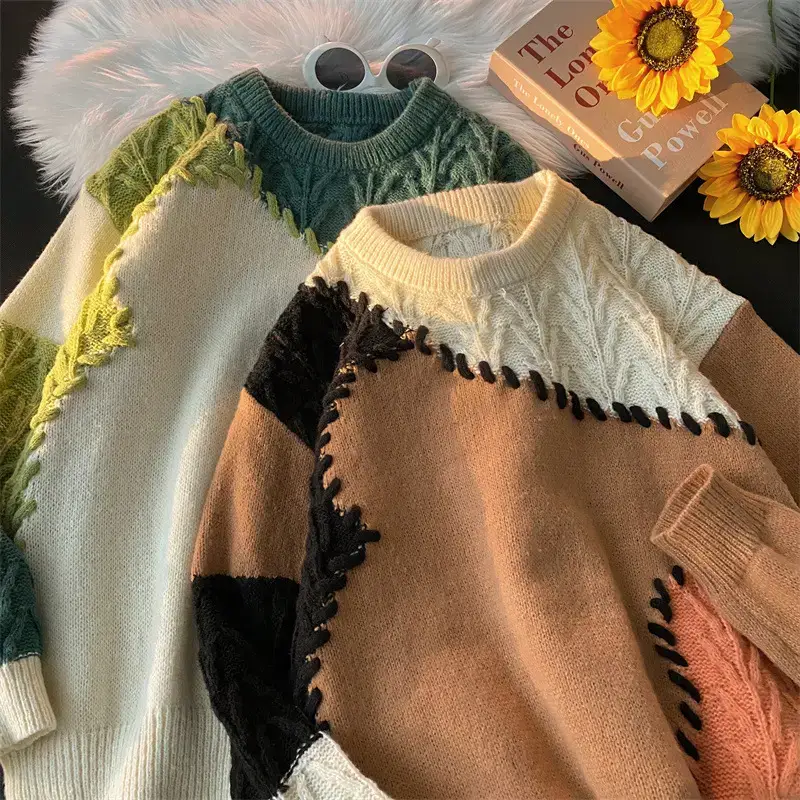 Men's Women's Stitching Contrast Sweater Winter Furry Lazy Knit — feature 18