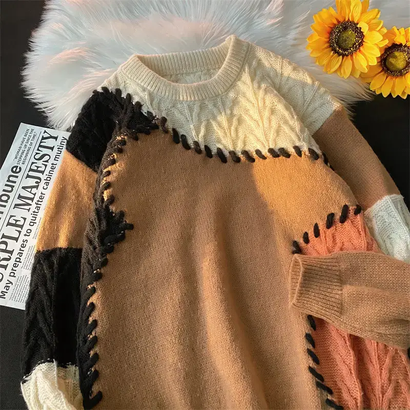 Men's Women's Stitching Contrast Sweater Winter Furry Lazy Knit - Image 2