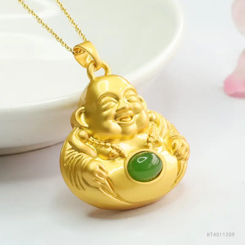 Guan Yu Maitreya Buddha Necklace Gold Green Jade