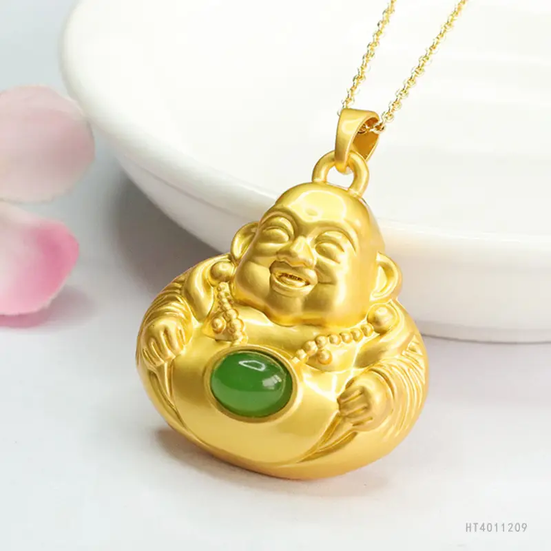 Guan Yu Maitreya Buddha Necklace Gold Green Jade