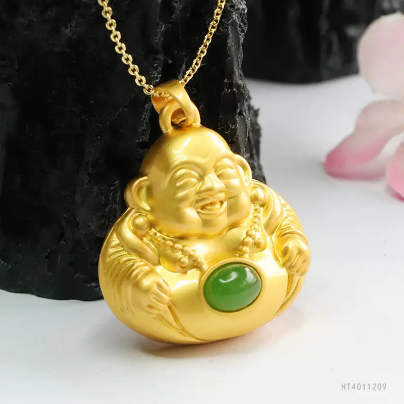 Guan Yu Maitreya Buddha Necklace Gold Green Jade