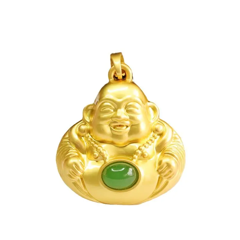 Guan Yu Maitreya Buddha Necklace Gold Green Jade