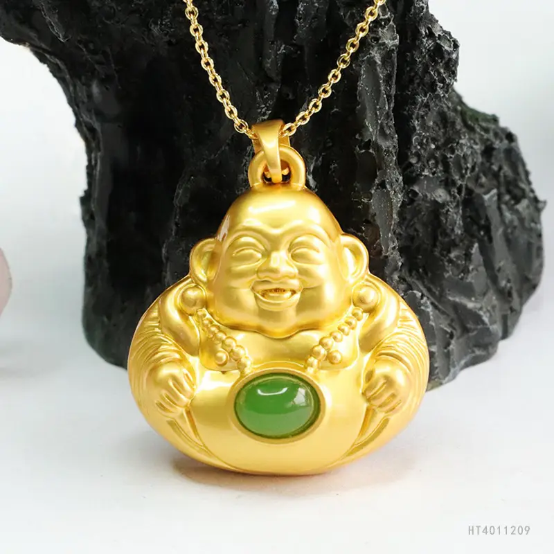 Guan Yu Maitreya Buddha Necklace Gold Green Jade — feature 7