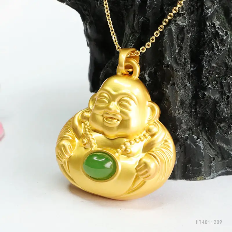 Guan Yu Maitreya Buddha Necklace Gold Green Jade — feature 8