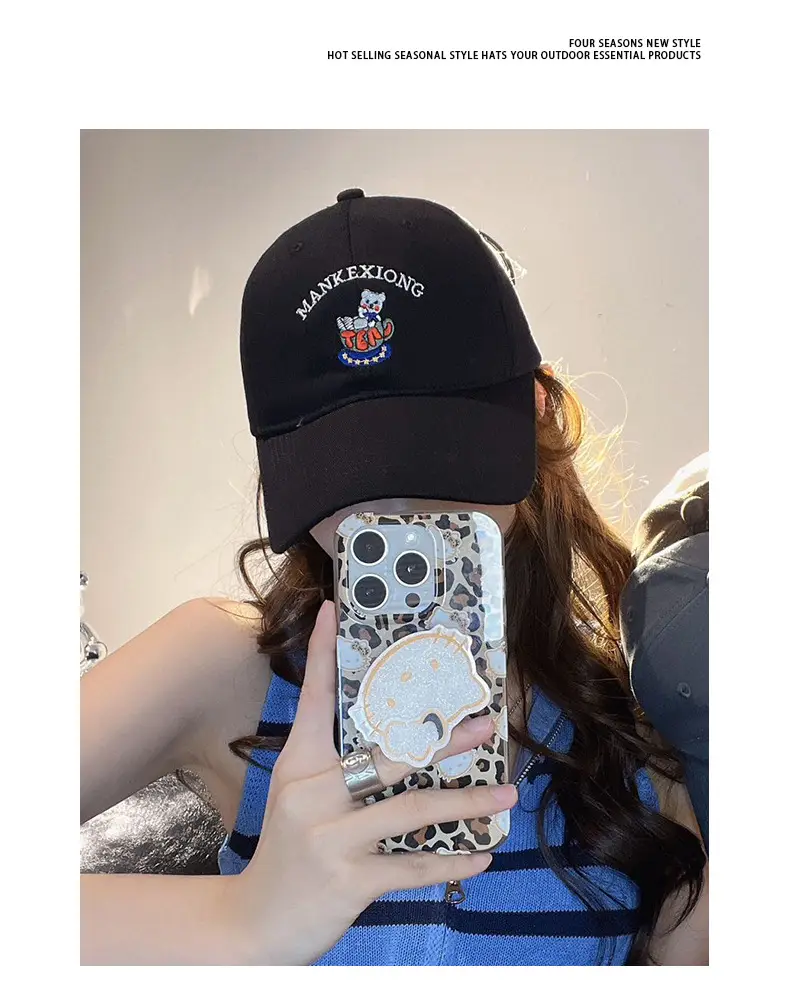 Cute Bear Embroidered Black Baseball Cap for Girls — feature 4