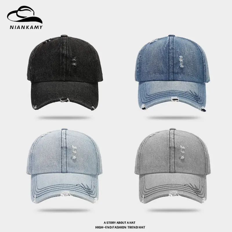 Women Denim Baseball Cap Retro Ripped Washable - Image 4