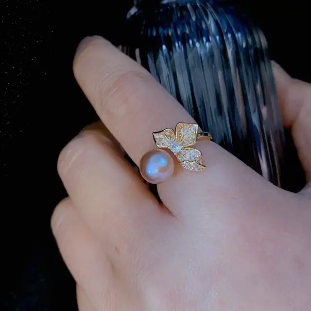 Adjustable Pearl Flower Ring with Zircon Accents