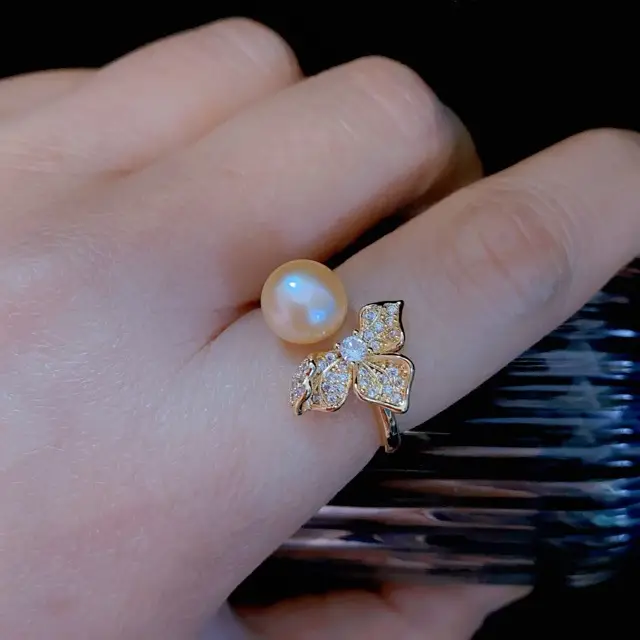 Adjustable Pearl Flower Ring with Zircon Accents