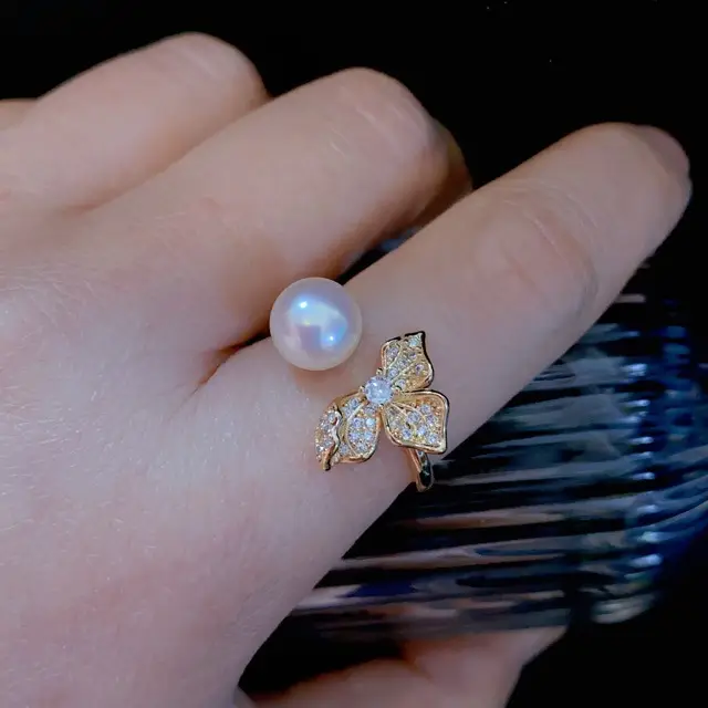 Adjustable Pearl Flower Ring with Zircon Accents