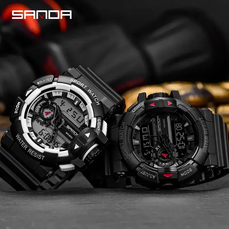 Sanda Black Dual Display Waterproof Watch for Men - Image 3