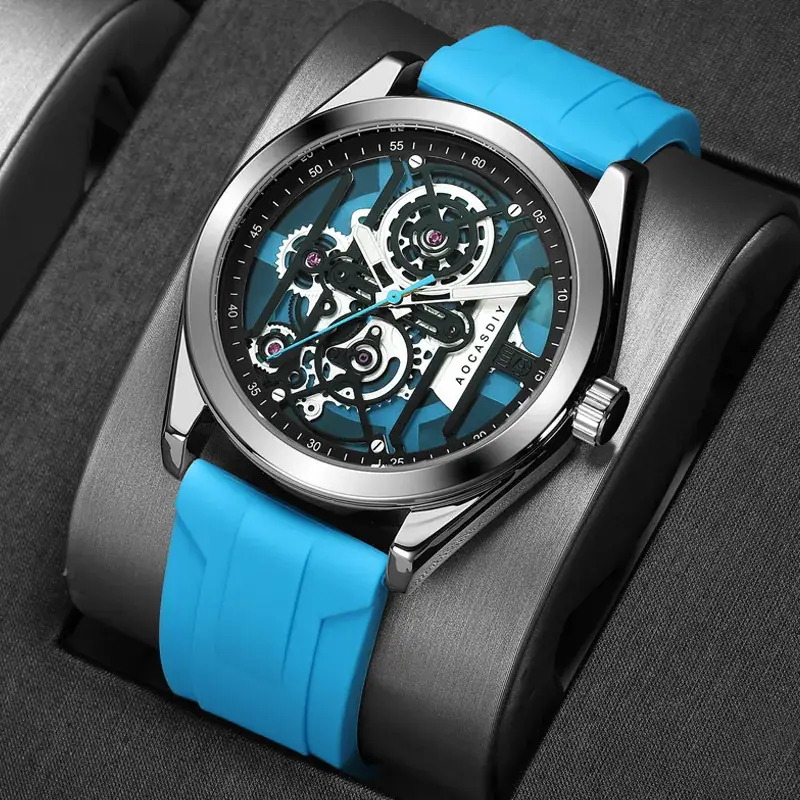 Men's Orange Silicone Skeleton Watch with Luminous Dial - Image 7