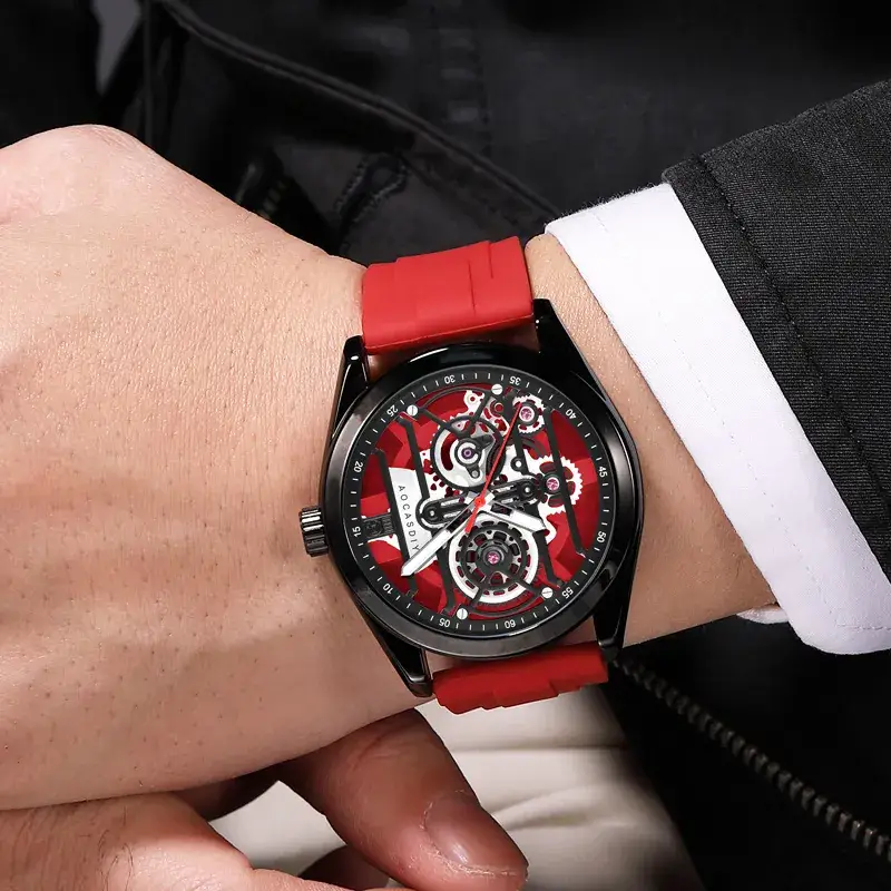 Men's Orange Silicone Skeleton Watch with Luminous Dial - Image 8