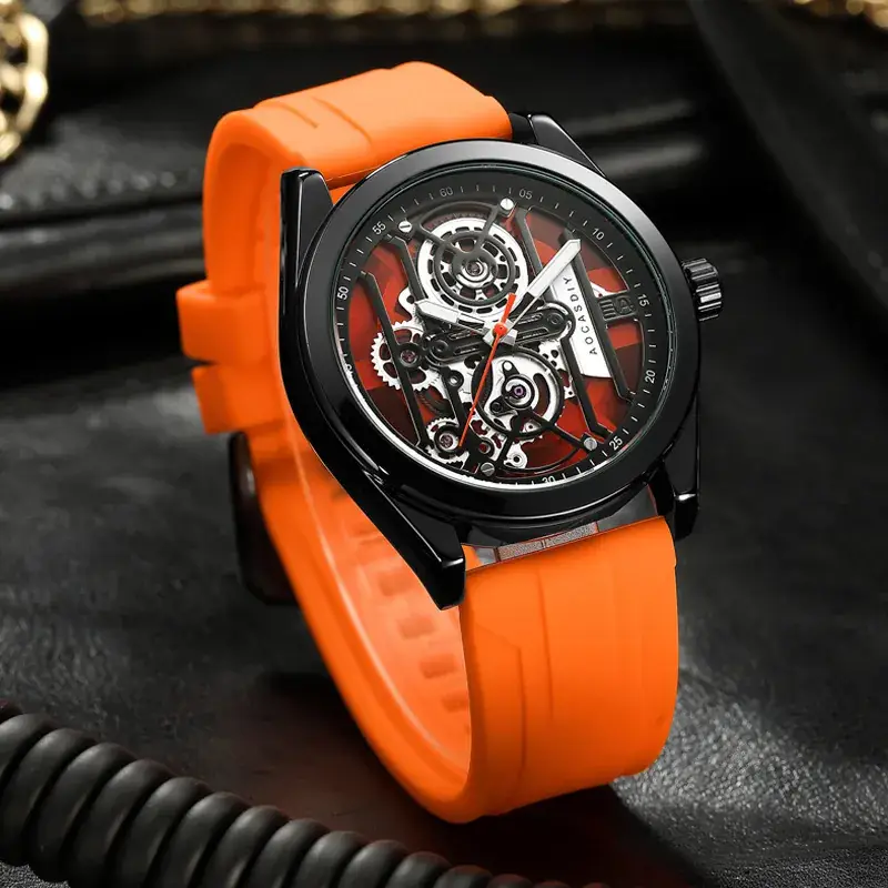 Men's Orange Silicone Skeleton Watch with Luminous Dial - Image 9
