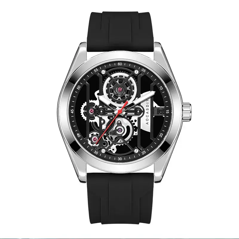 Men's Orange Silicone Skeleton Watch with Luminous Dial - Image 2