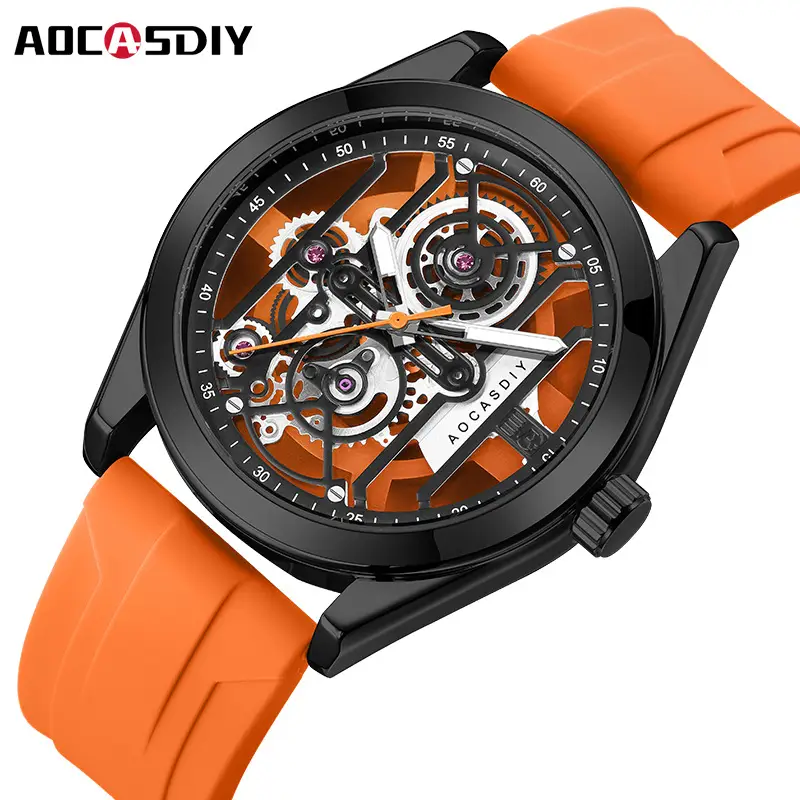Men's Orange Silicone Skeleton Watch with Luminous Dial — feature 13