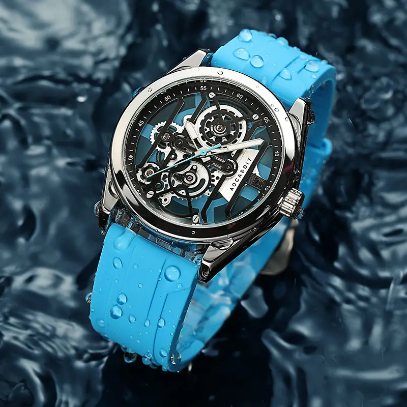 Men's Orange Silicone Skeleton Watch with Luminous Dial — feature 14