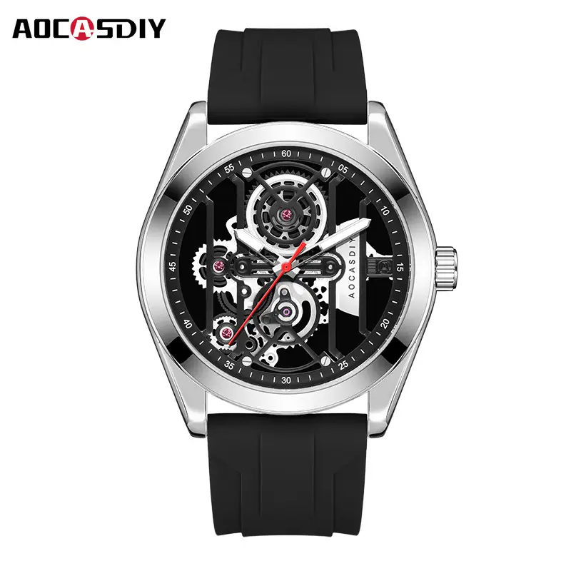 Men's Orange Silicone Skeleton Watch with Luminous Dial — feature 18