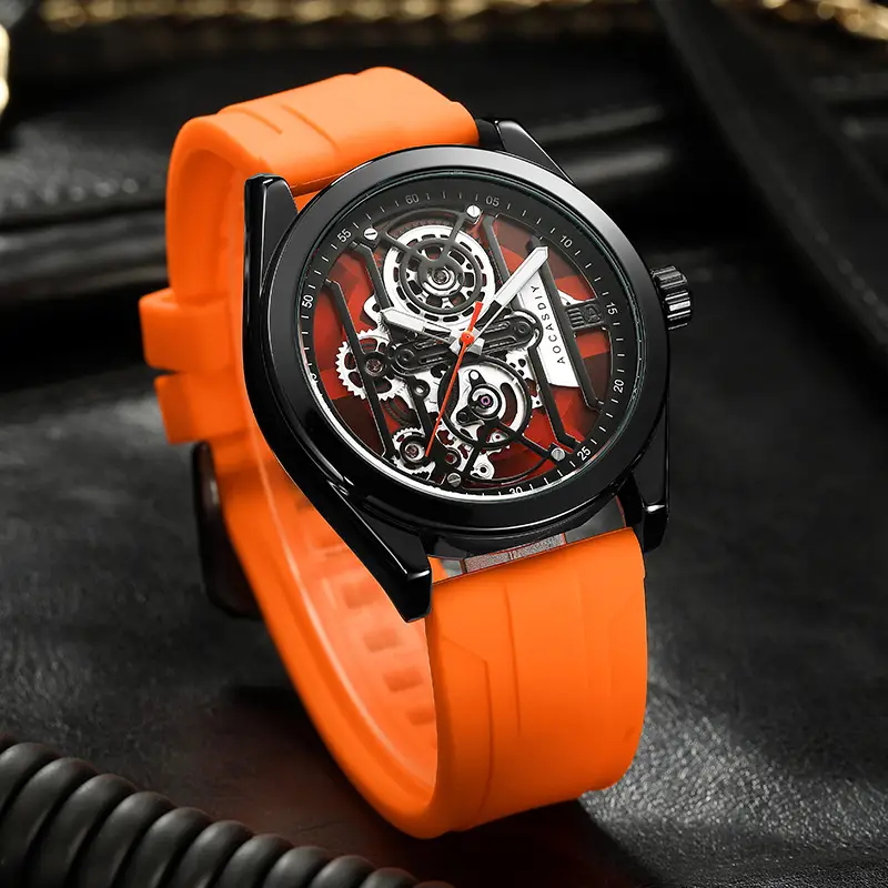 Men's Orange Silicone Skeleton Watch with Luminous Dial — feature 20