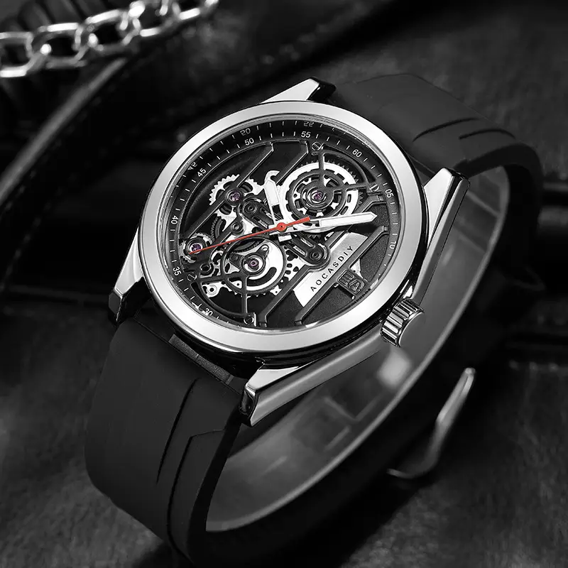 Men's Orange Silicone Skeleton Watch with Luminous Dial — feature 21