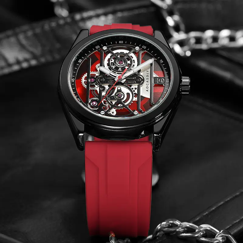 Men's Orange Silicone Skeleton Watch with Luminous Dial — feature 23