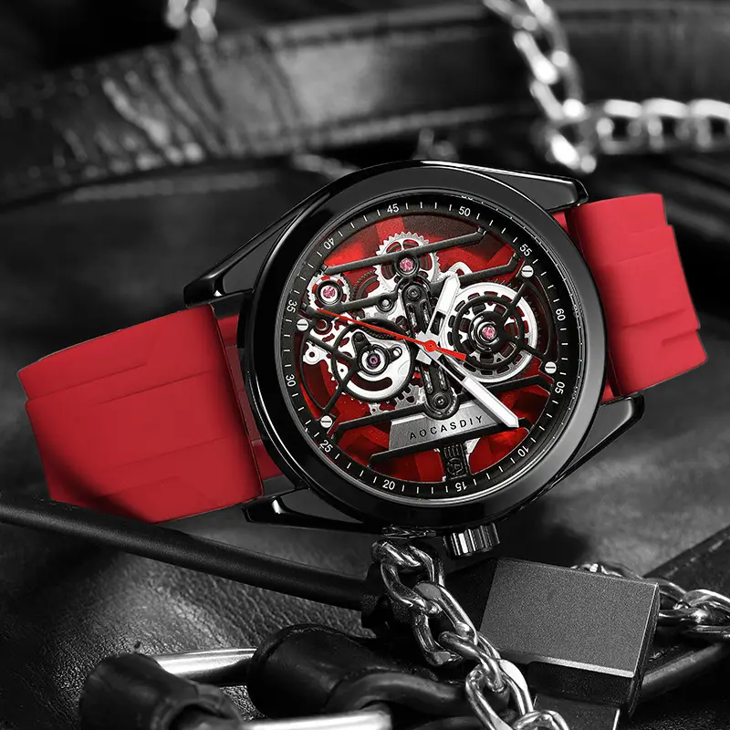 Men's Orange Silicone Skeleton Watch with Luminous Dial — feature 24