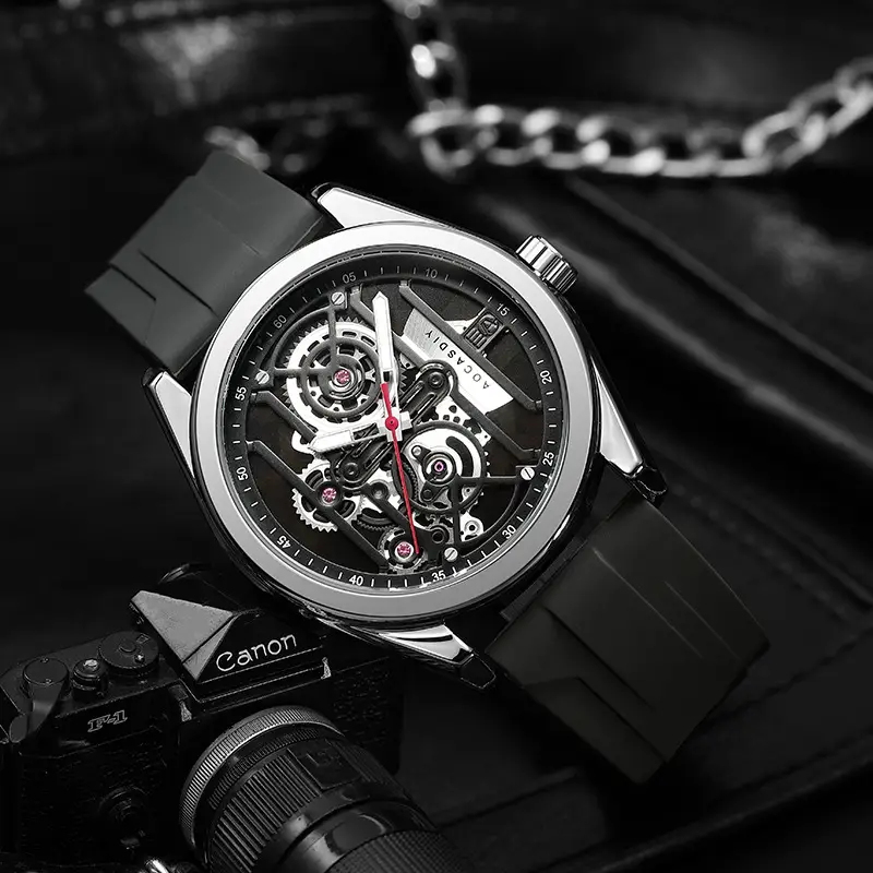 Men's Orange Silicone Skeleton Watch with Luminous Dial — feature 25