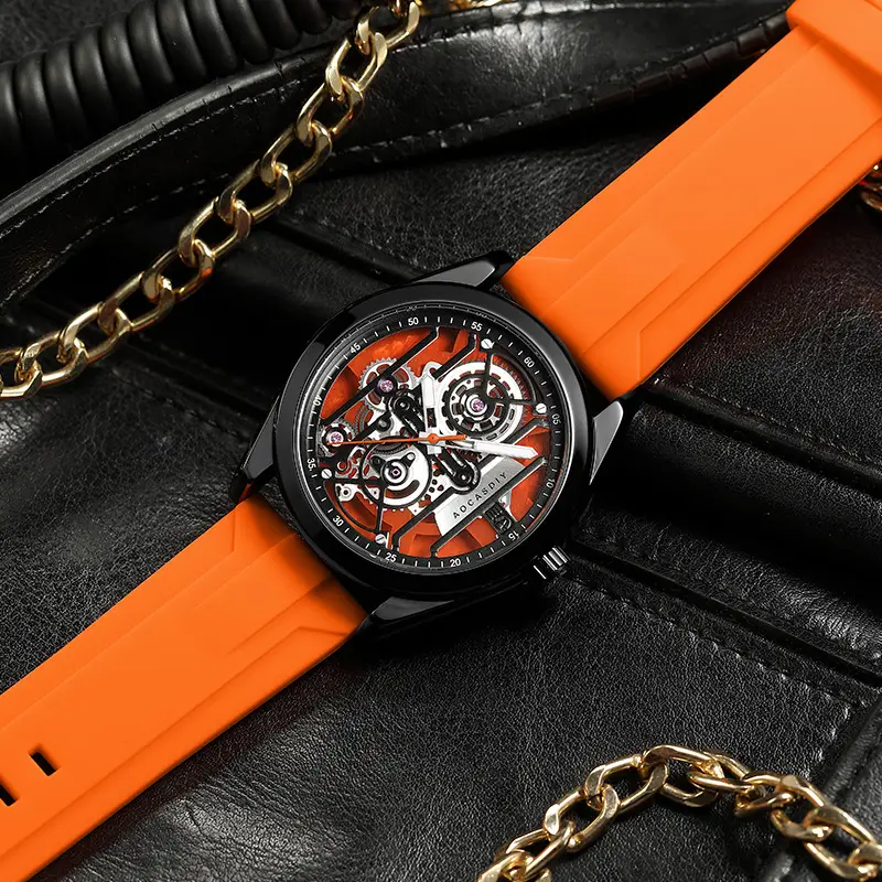 Men's Orange Silicone Skeleton Watch with Luminous Dial — feature 28