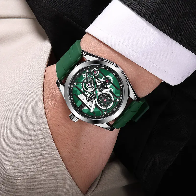 Men's Orange Silicone Skeleton Watch with Luminous Dial — feature 31