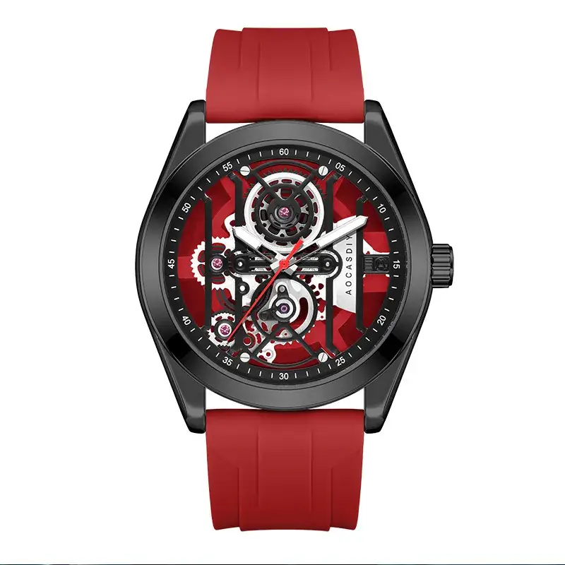 Men's Orange Silicone Skeleton Watch with Luminous Dial - Image 5