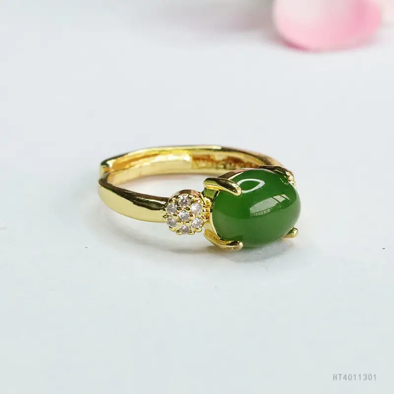 Green Jade Spinach Ring for Women Gold Plated - Image 3
